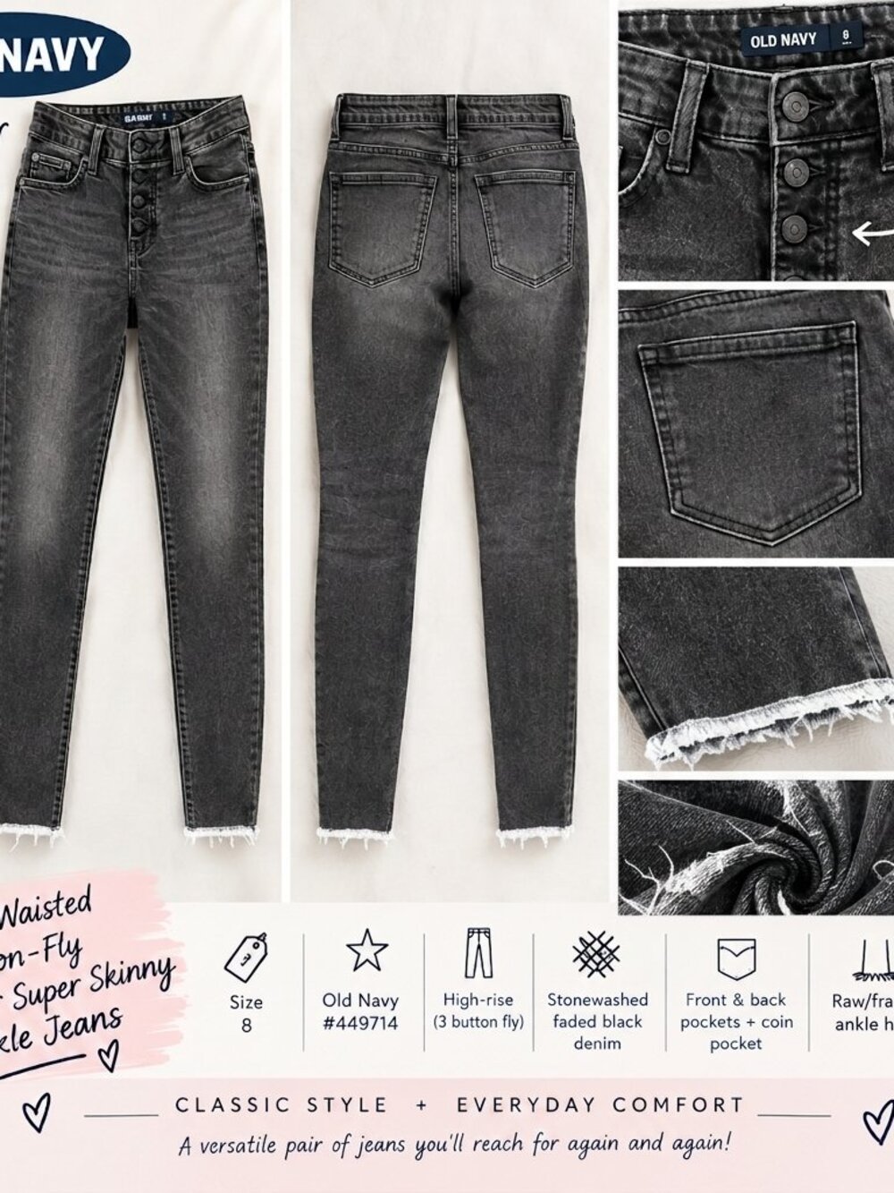 Old Navy Rockstar Size 8 Black Washed Button Fly Skinny Jeans